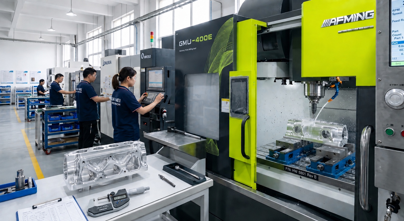 CNC machining workshop with multi-axis equipment and operators