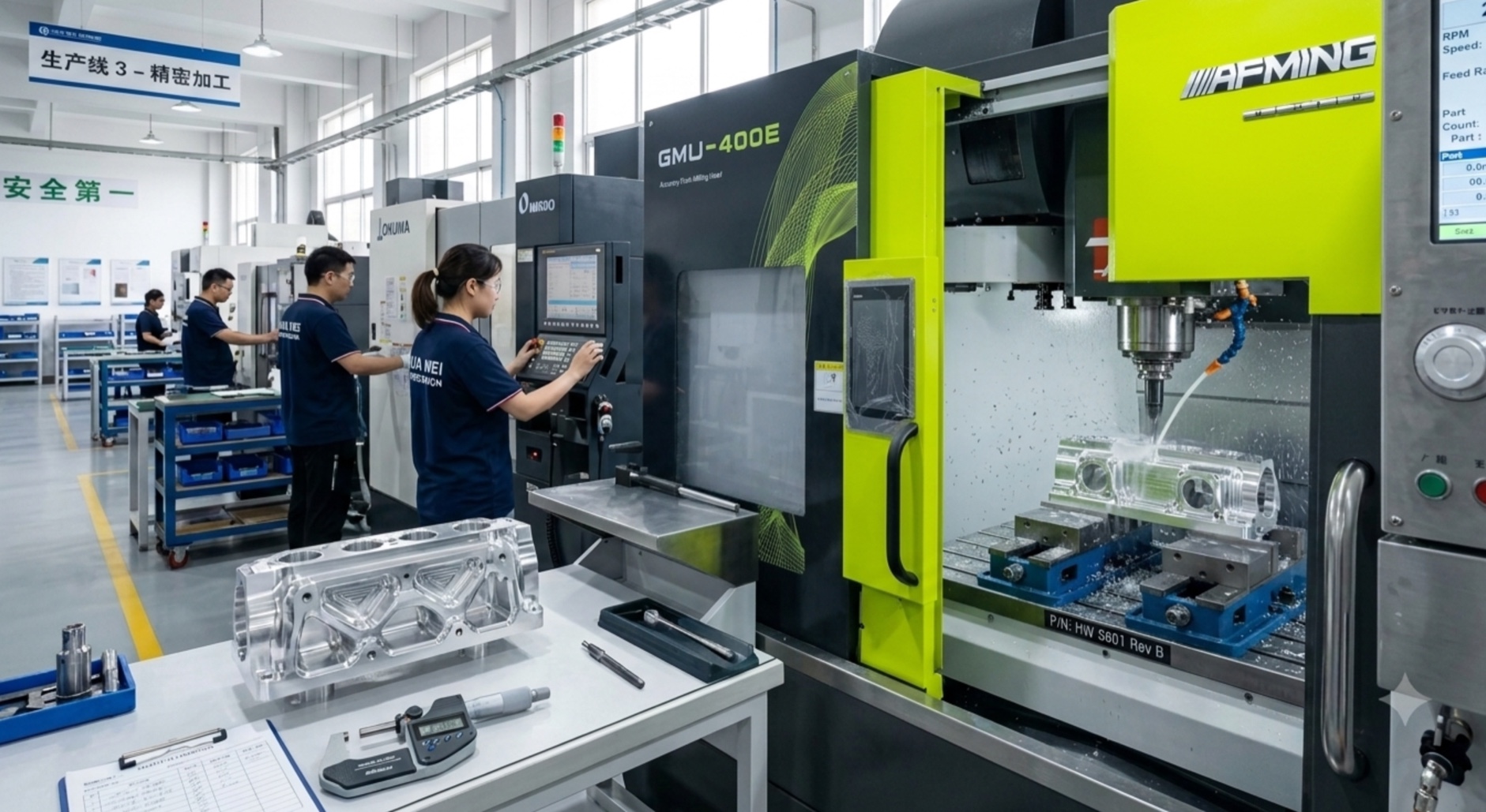 CNC machining workshop with multi-axis equipment and operators