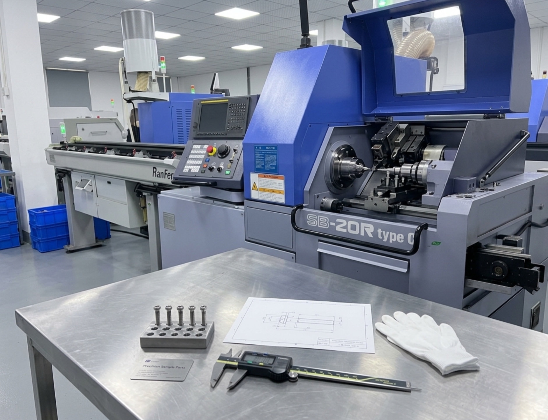 CNC turning workshop with automatic lathe and inspection tools